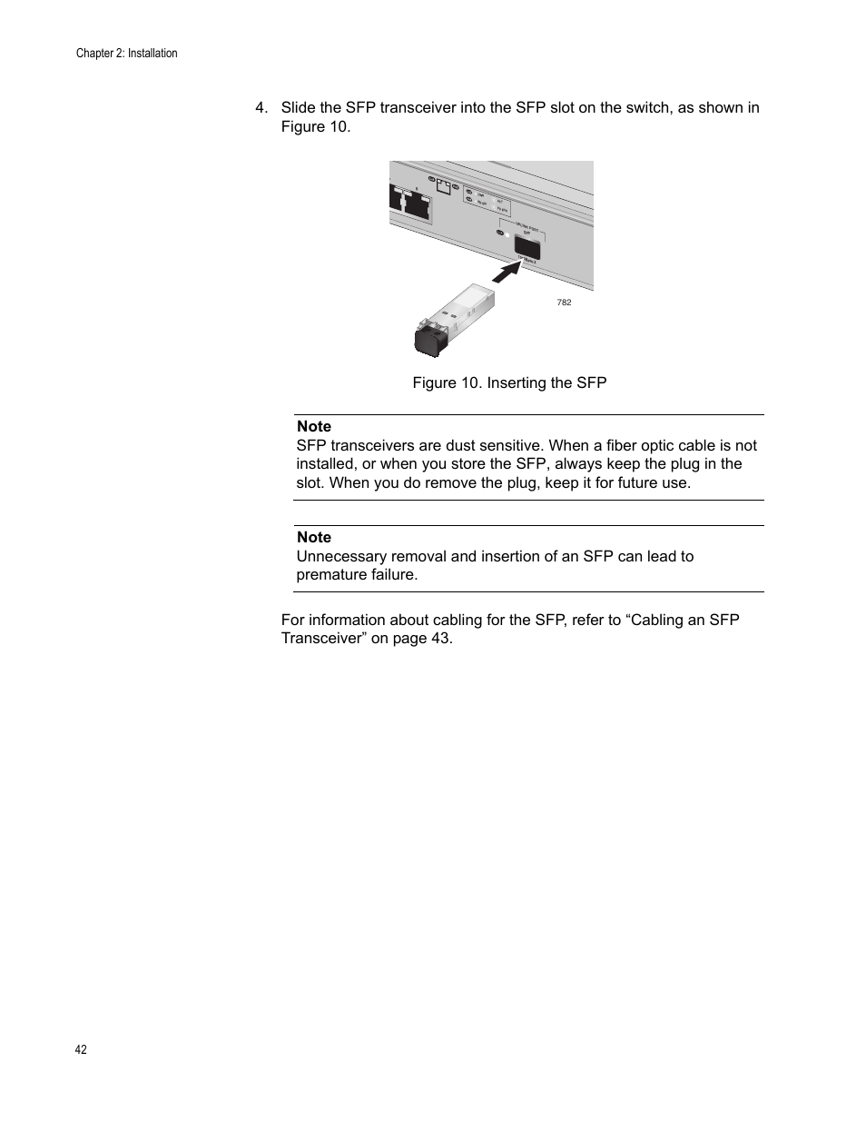 Figure 10. inserting the sfp, Chapter 2: installation 42 | Allied Telesis AT-FS708POE User Manual | Page 42 / 52