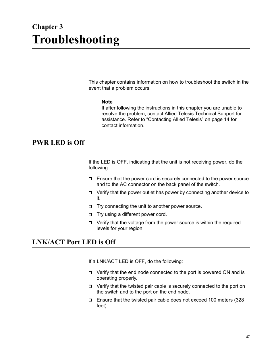 Chapter 3, Troubleshooting, Pwr led is off | Lnk/act port led is off, R 3: troubleshooting, Pwr led is off lnk/act port led is off | Allied Telesis AT-FS708POE User Manual | Page 47 / 52