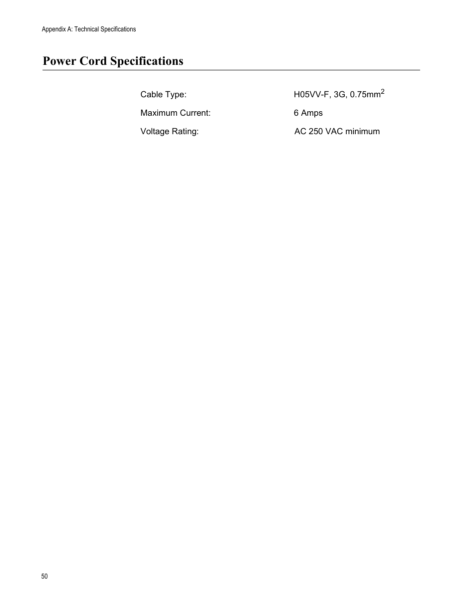 Power cord specifications | Allied Telesis AT-FS708POE User Manual | Page 50 / 52