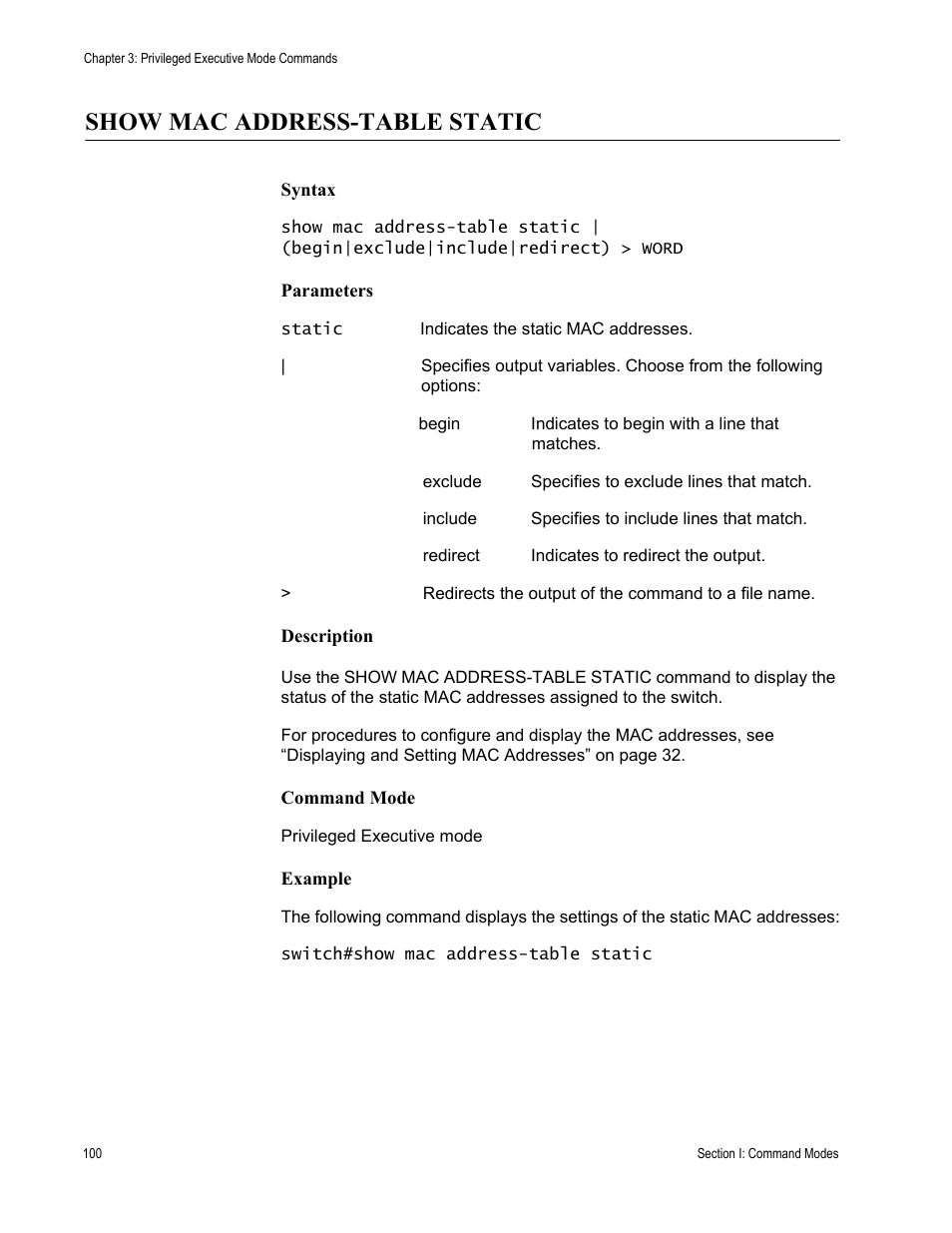 Show mac address-table static | Allied Telesis AT-S100 User Manual | Page 100 / 274