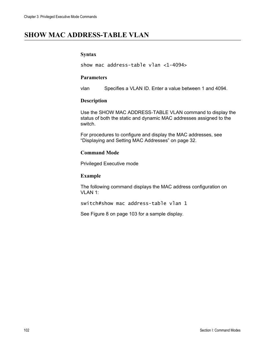 Show mac address-table vlan | Allied Telesis AT-S100 User Manual | Page 102 / 274