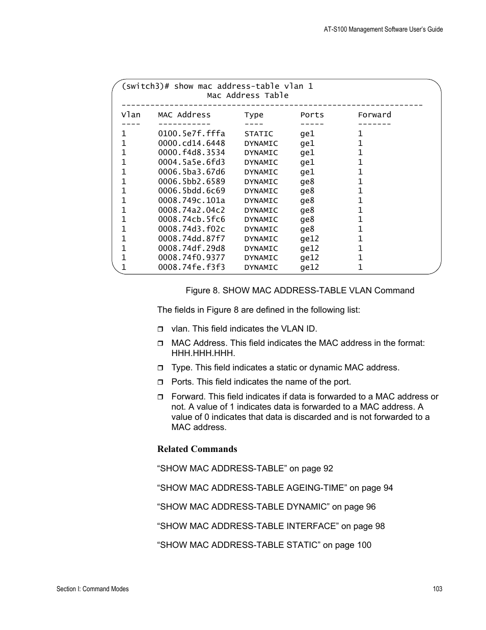 Figure 8: show mac address-table vlan command, Fields in figure 8 a | Allied Telesis AT-S100 User Manual | Page 103 / 274