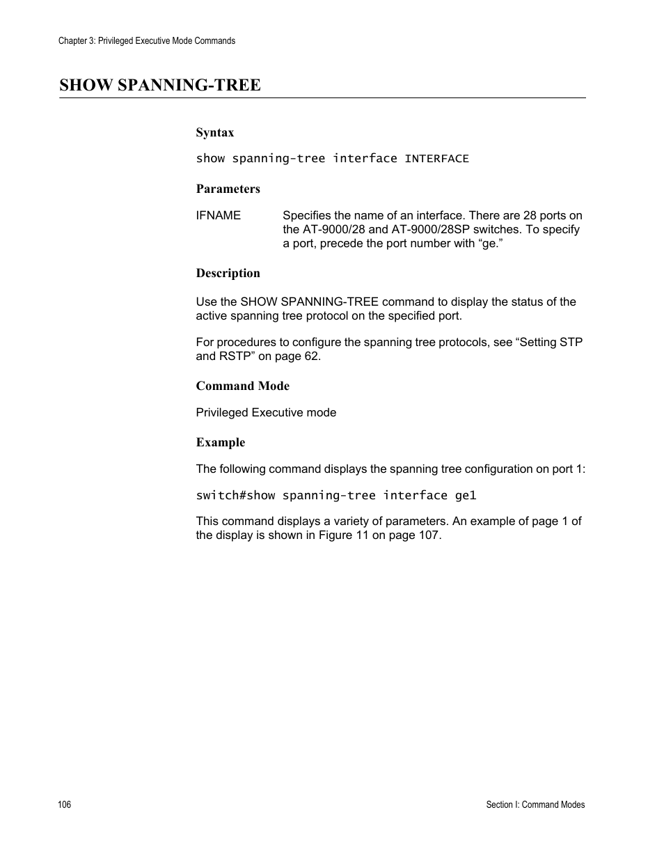 Show spanning-tree | Allied Telesis AT-S100 User Manual | Page 106 / 274