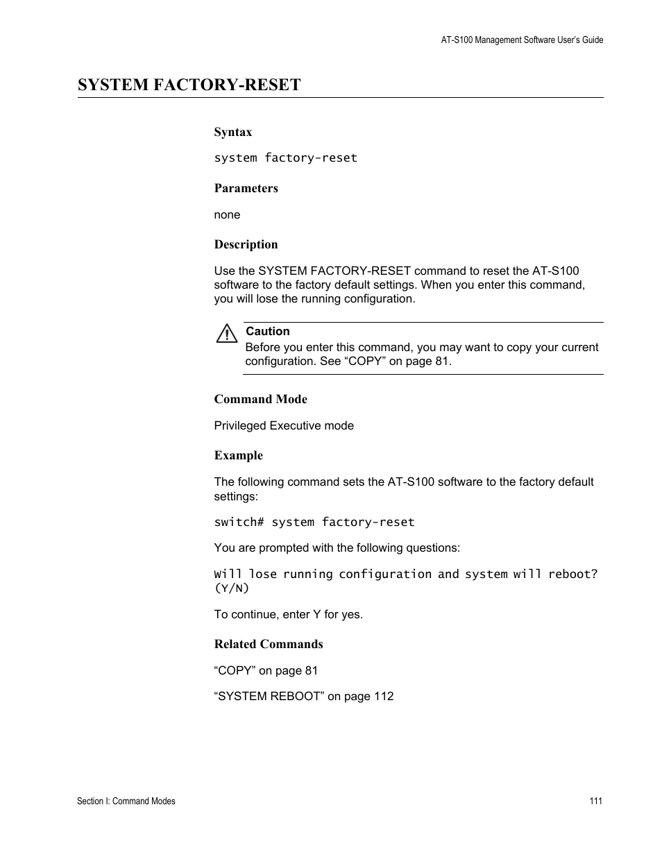 System factory-reset | Allied Telesis AT-S100 User Manual | Page 111 / 274