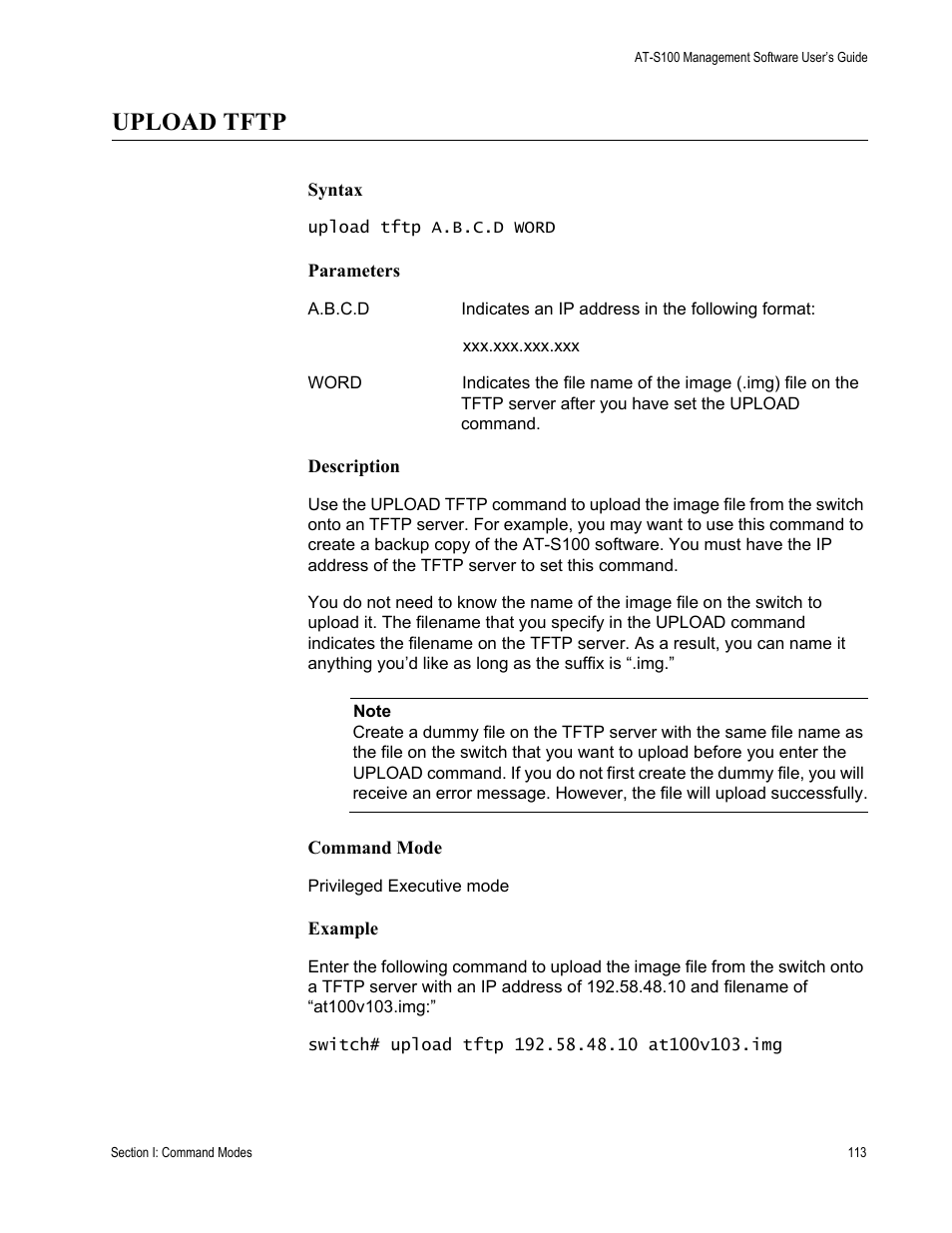 Upload tftp | Allied Telesis AT-S100 User Manual | Page 113 / 274