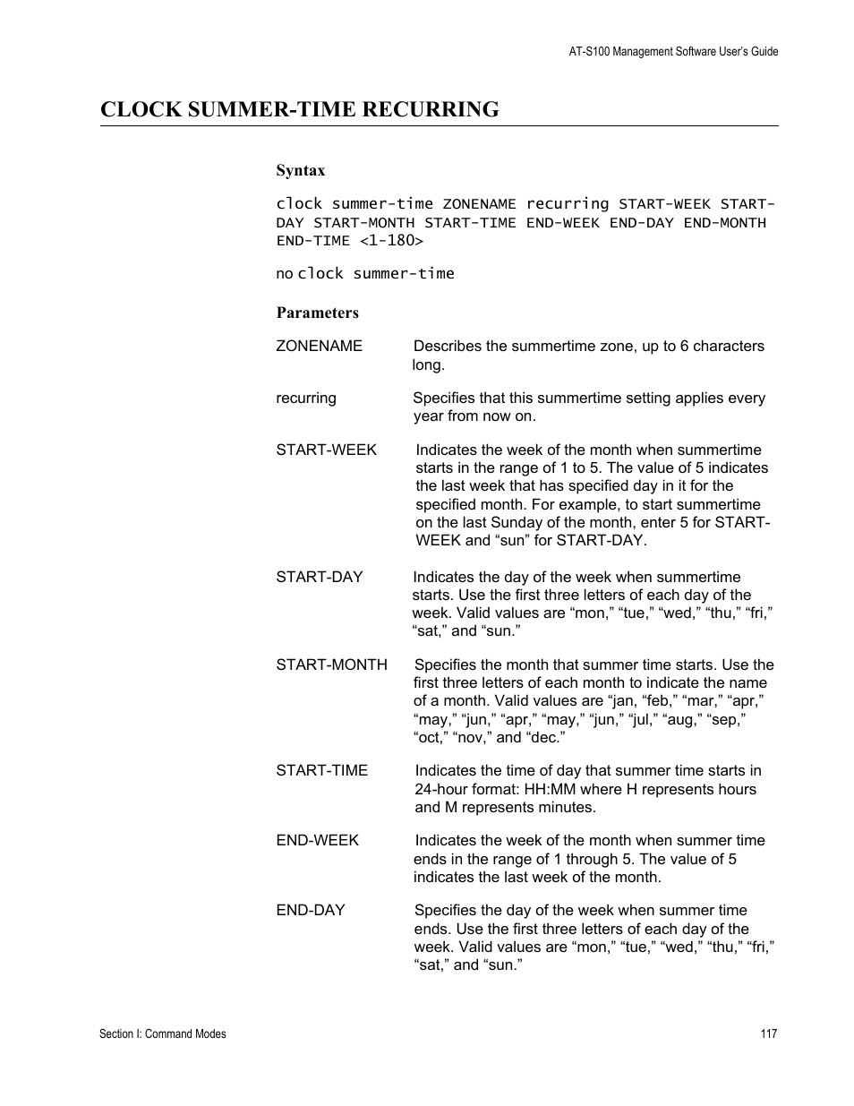 Clock summer-time recurring | Allied Telesis AT-S100 User Manual | Page 117 / 274