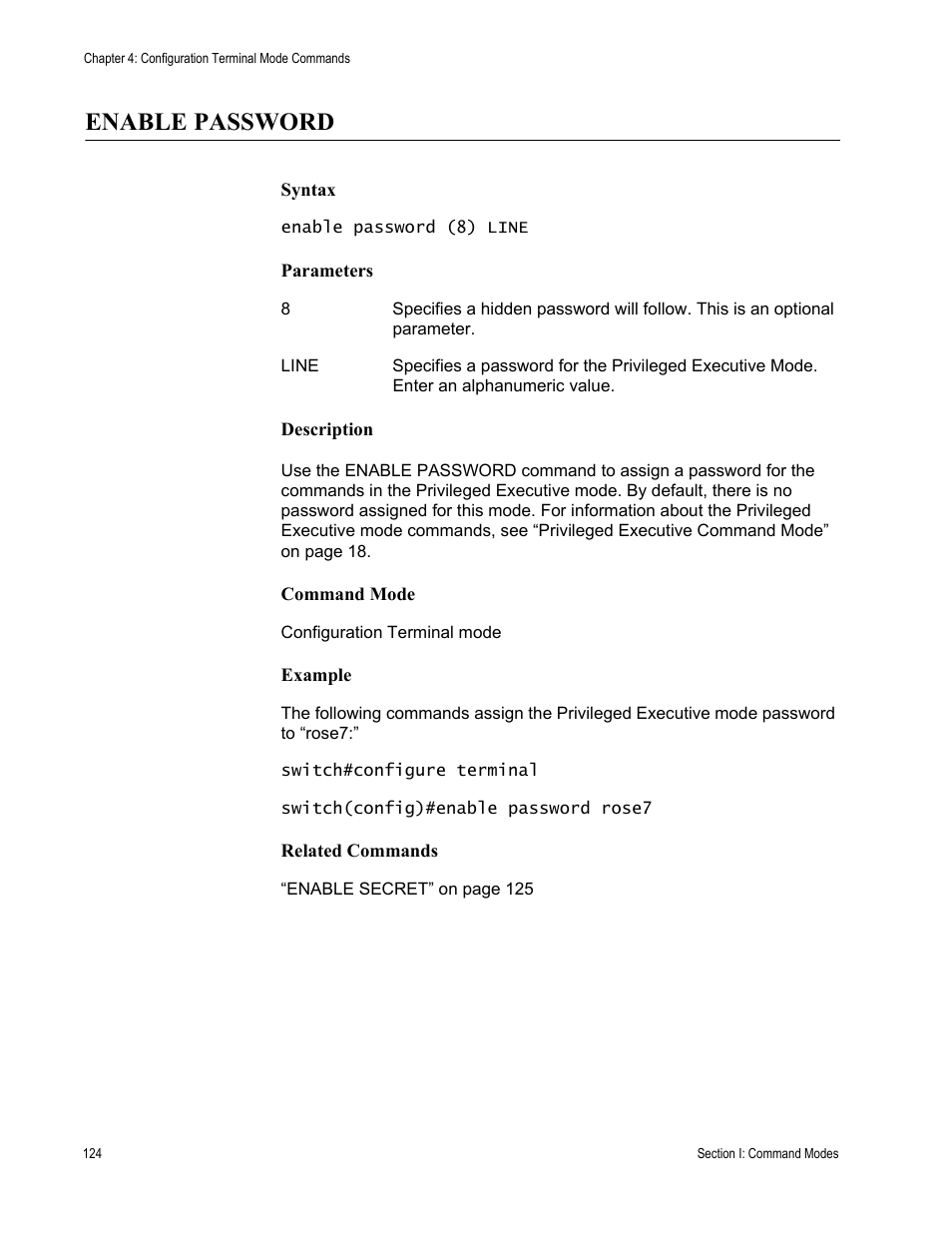 Enable password | Allied Telesis AT-S100 User Manual | Page 124 / 274