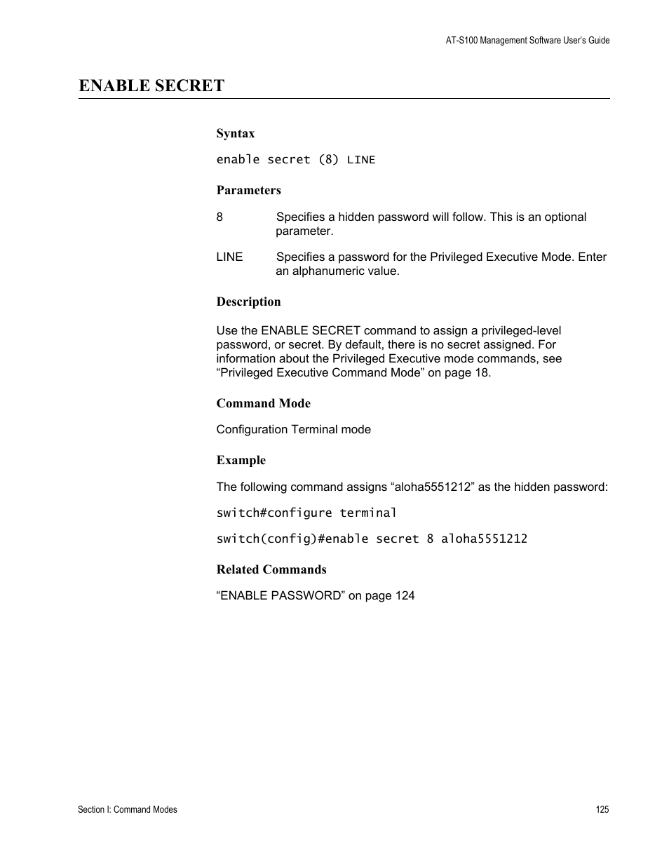 Enable secret | Allied Telesis AT-S100 User Manual | Page 125 / 274