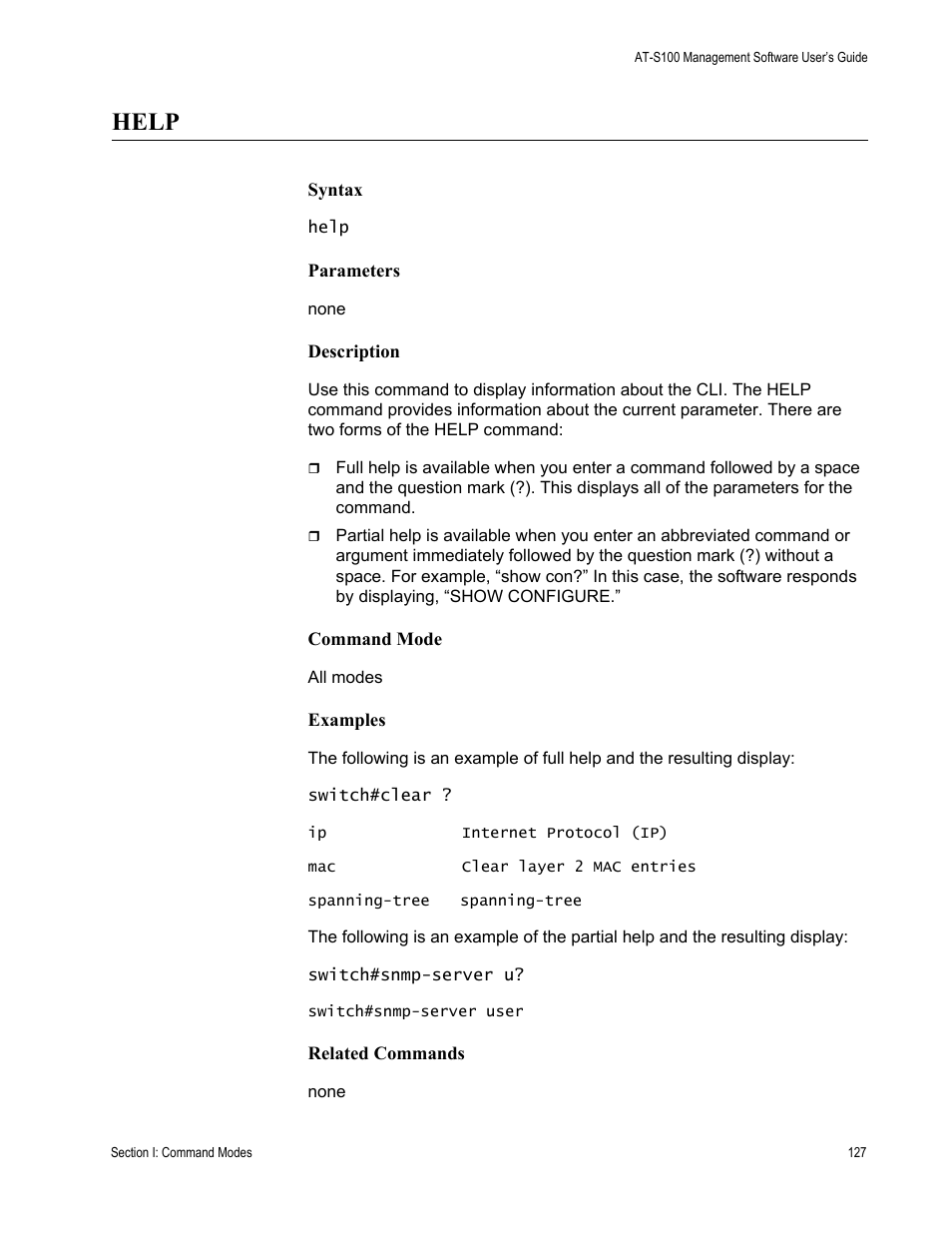 Help | Allied Telesis AT-S100 User Manual | Page 127 / 274