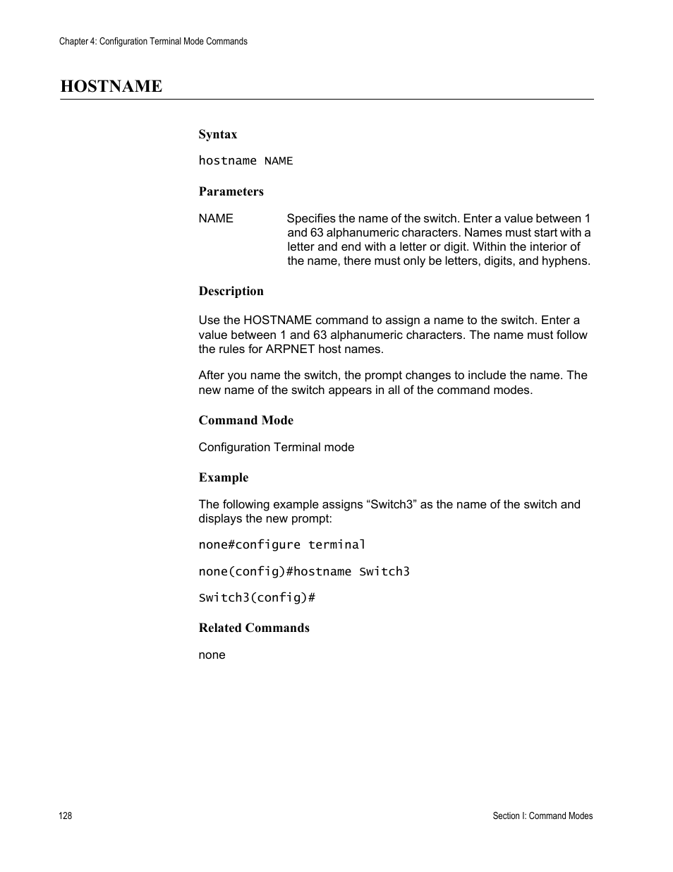 Hostname | Allied Telesis AT-S100 User Manual | Page 128 / 274