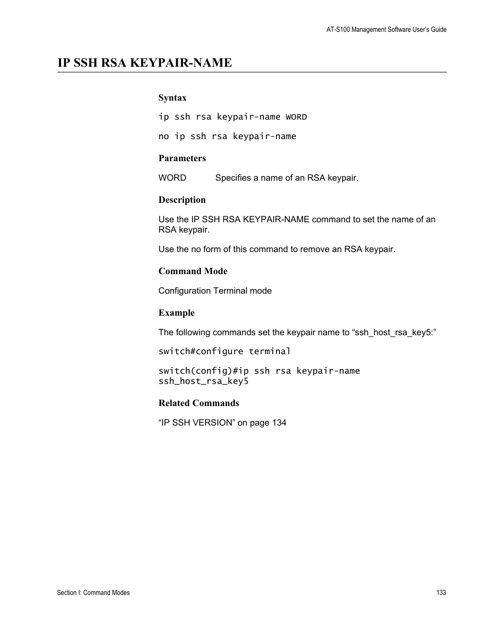 Ip ssh rsa keypair-name | Allied Telesis AT-S100 User Manual | Page 133 / 274