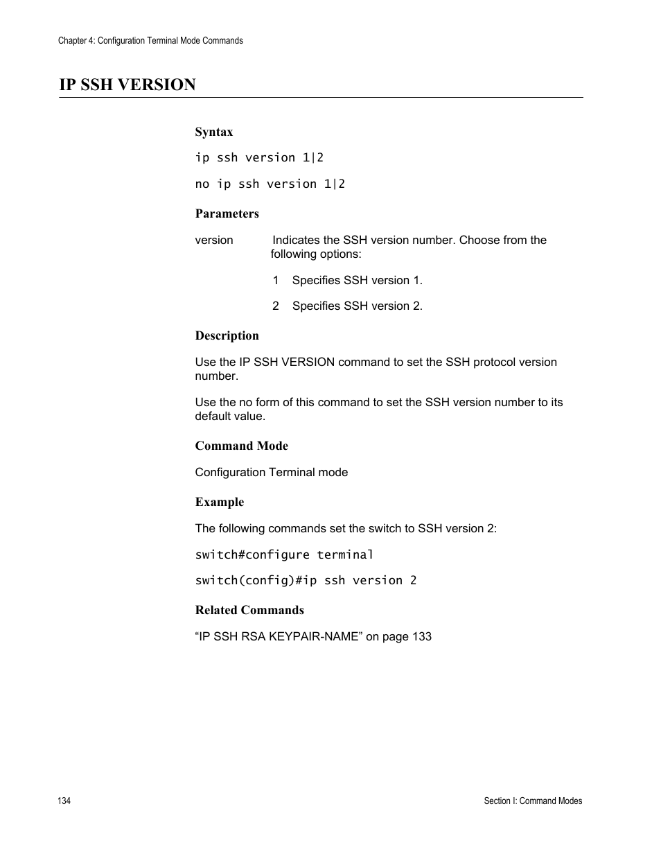 Ip ssh version | Allied Telesis AT-S100 User Manual | Page 134 / 274