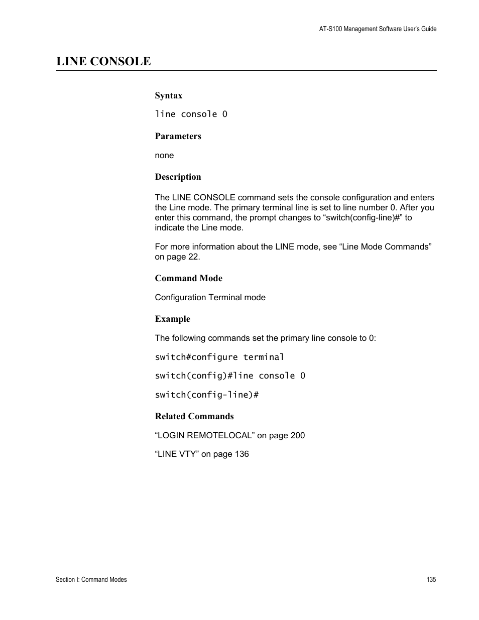 Line console | Allied Telesis AT-S100 User Manual | Page 135 / 274