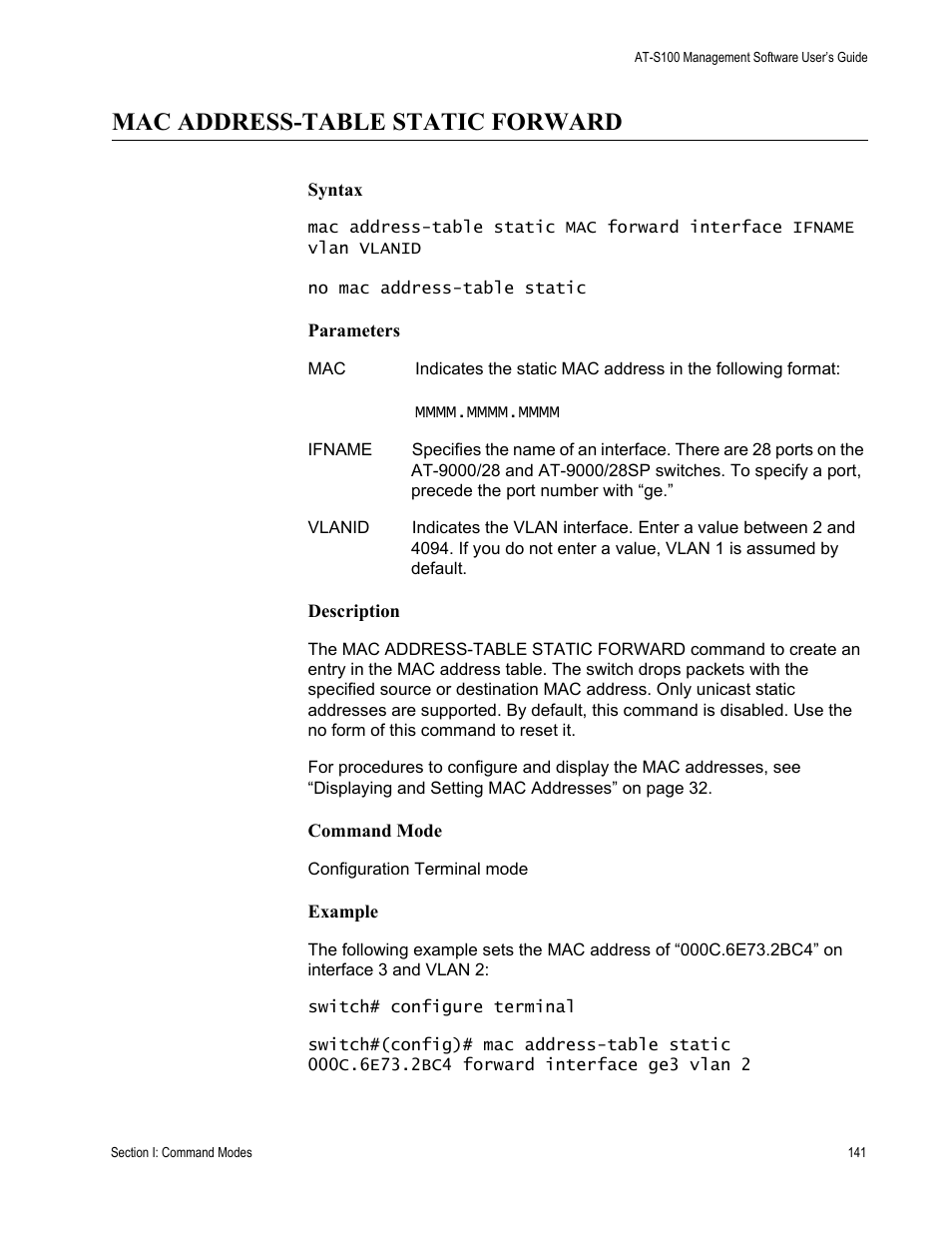 Mac address-table static forward | Allied Telesis AT-S100 User Manual | Page 141 / 274