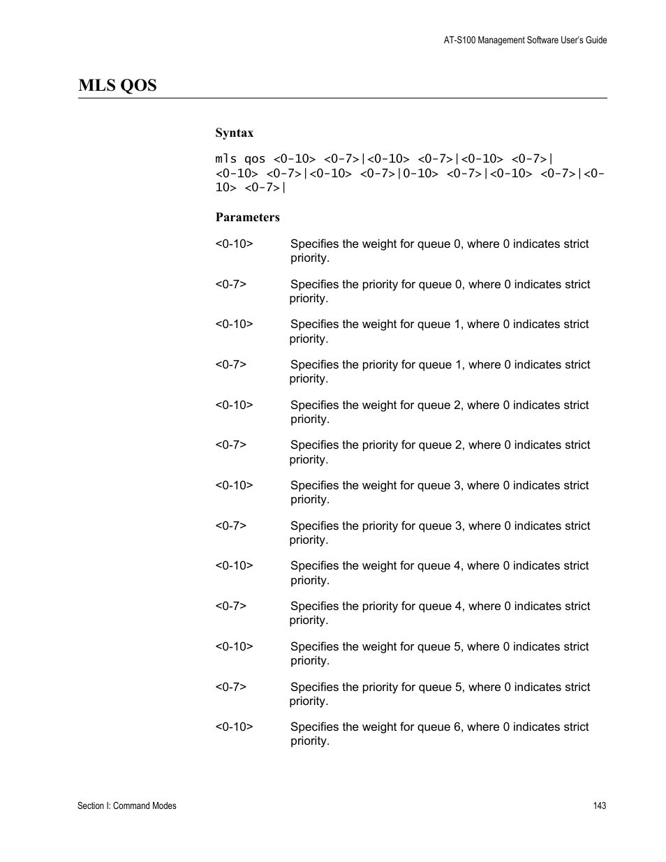 Mls qos | Allied Telesis AT-S100 User Manual | Page 143 / 274