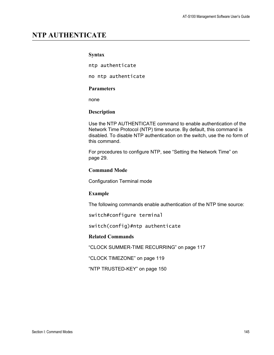 Ntp authenticate | Allied Telesis AT-S100 User Manual | Page 145 / 274