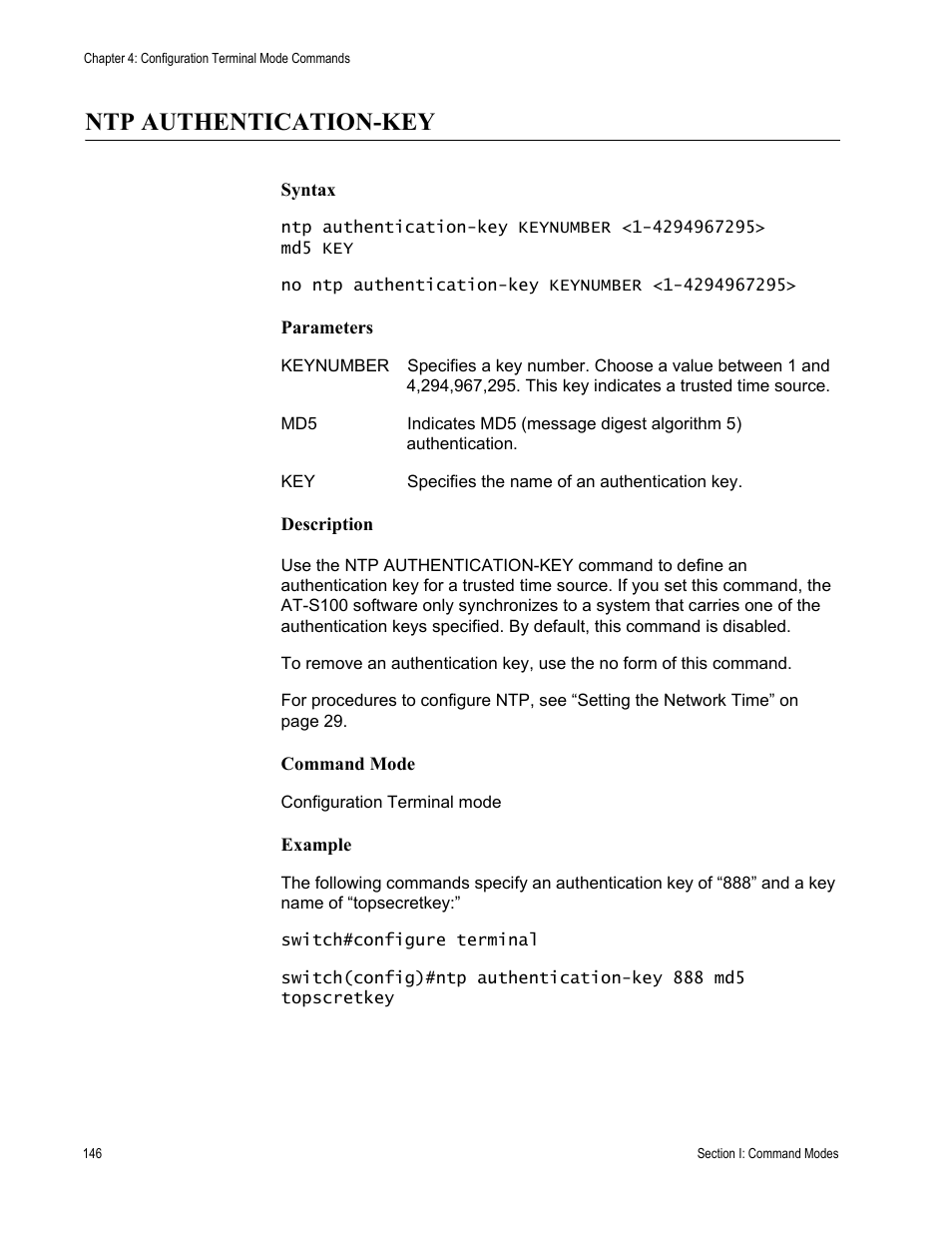 Ntp authentication-key | Allied Telesis AT-S100 User Manual | Page 146 / 274