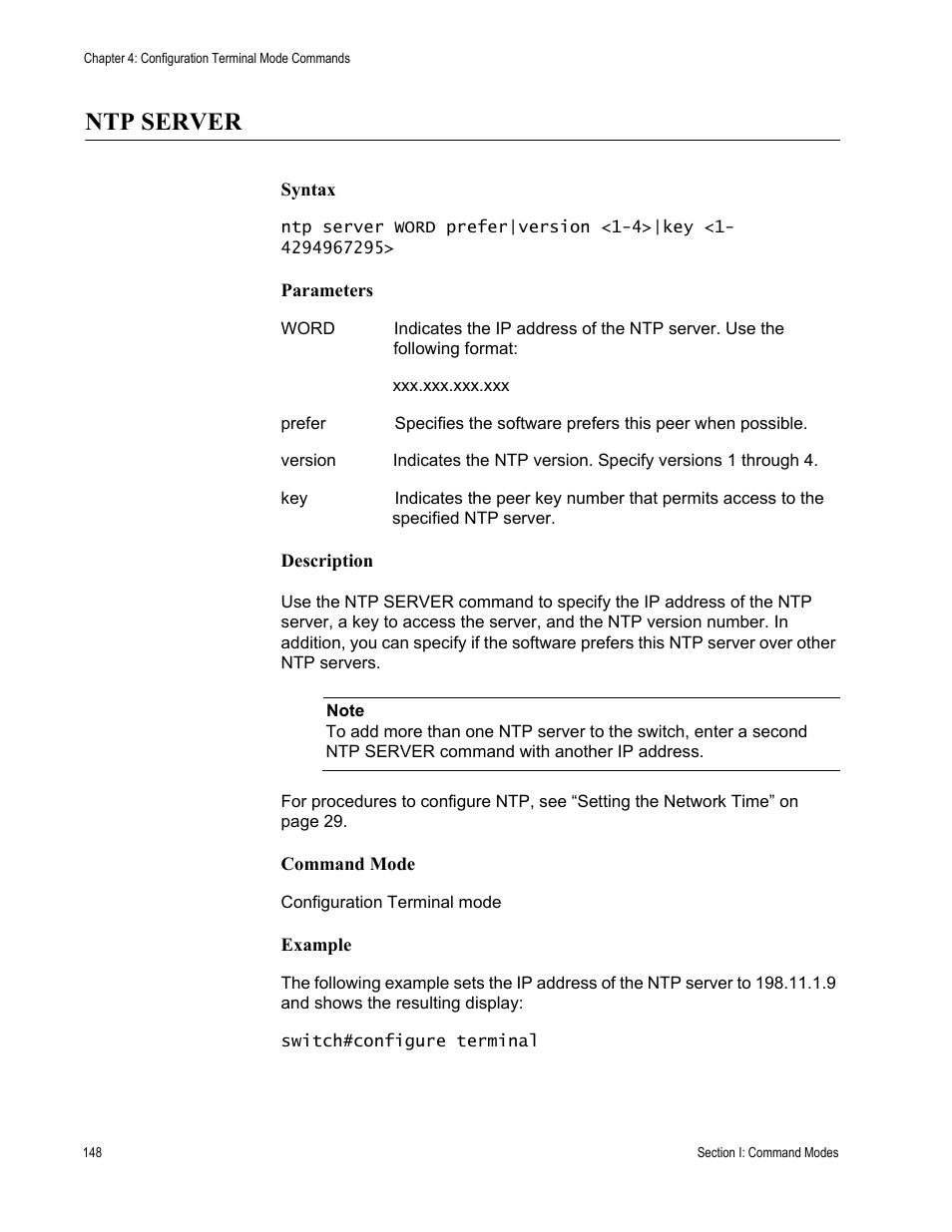 Ntp server | Allied Telesis AT-S100 User Manual | Page 148 / 274