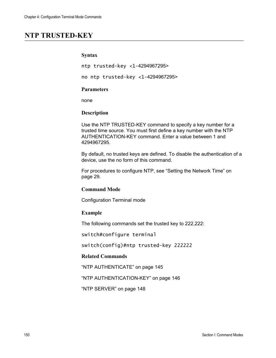 Ntp trusted-key | Allied Telesis AT-S100 User Manual | Page 150 / 274