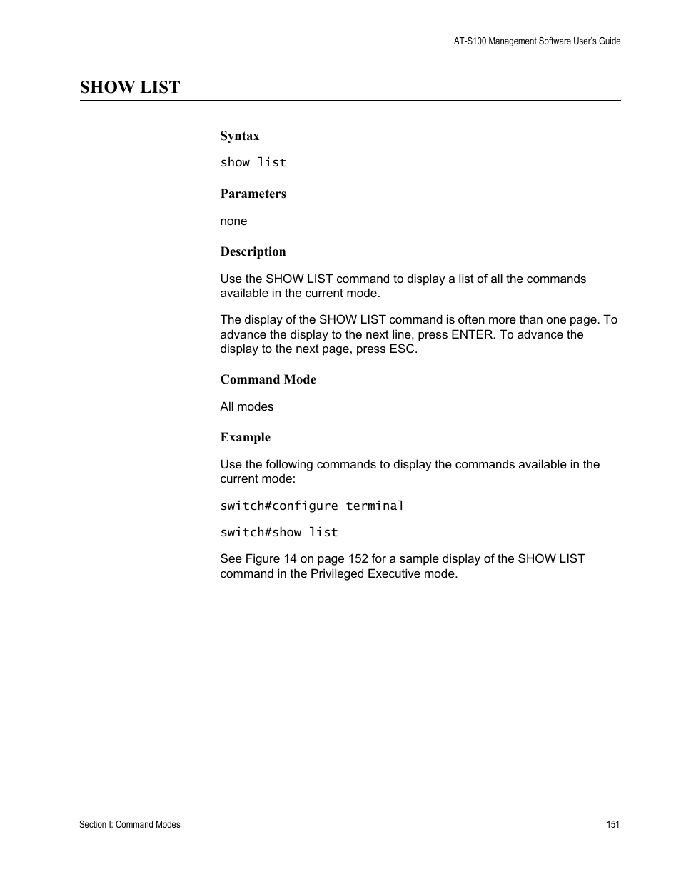 Show list | Allied Telesis AT-S100 User Manual | Page 151 / 274