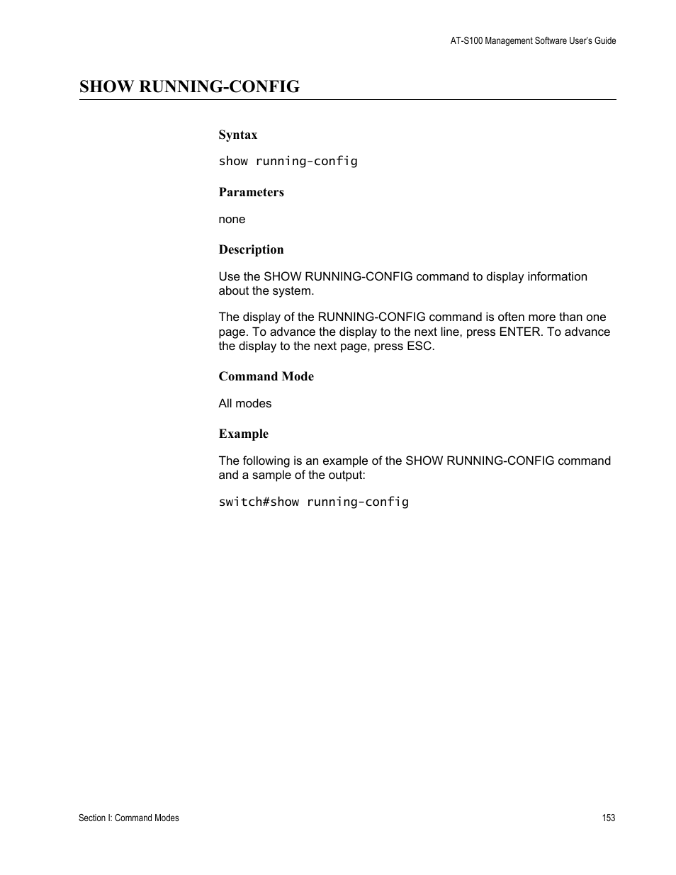 Show running-config | Allied Telesis AT-S100 User Manual | Page 153 / 274