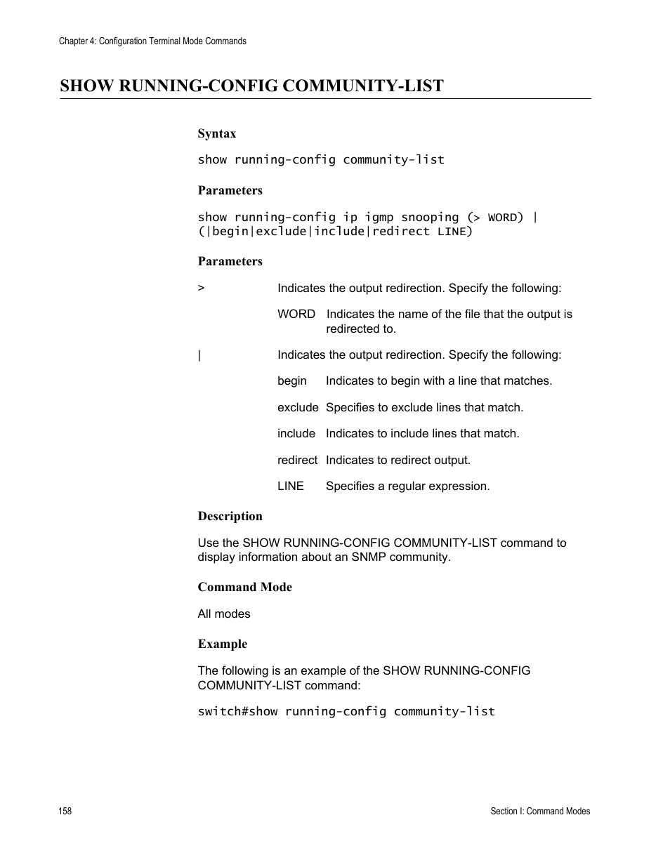 Show running-config community-list | Allied Telesis AT-S100 User Manual | Page 158 / 274