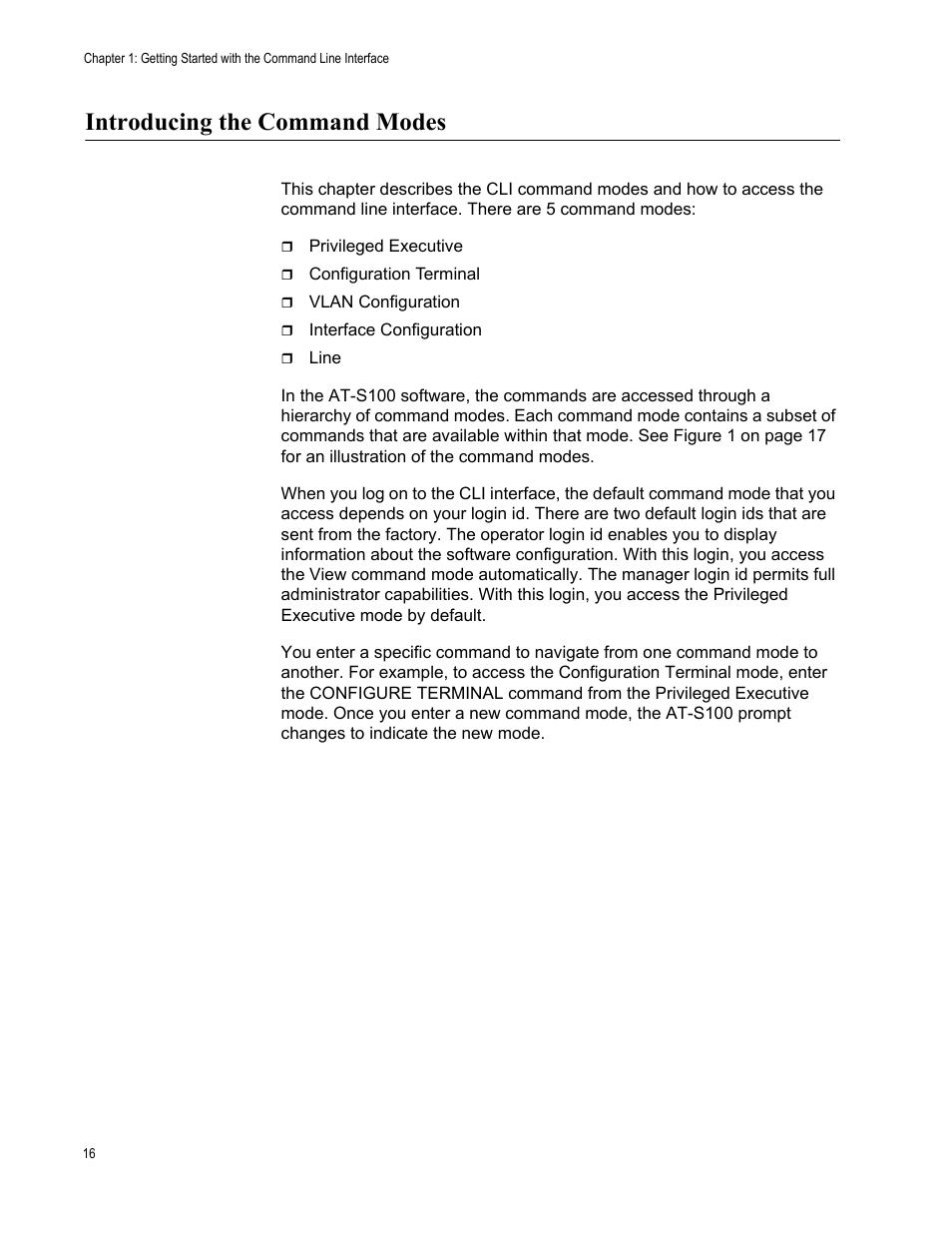 Introducing the command modes | Allied Telesis AT-S100 User Manual | Page 16 / 274