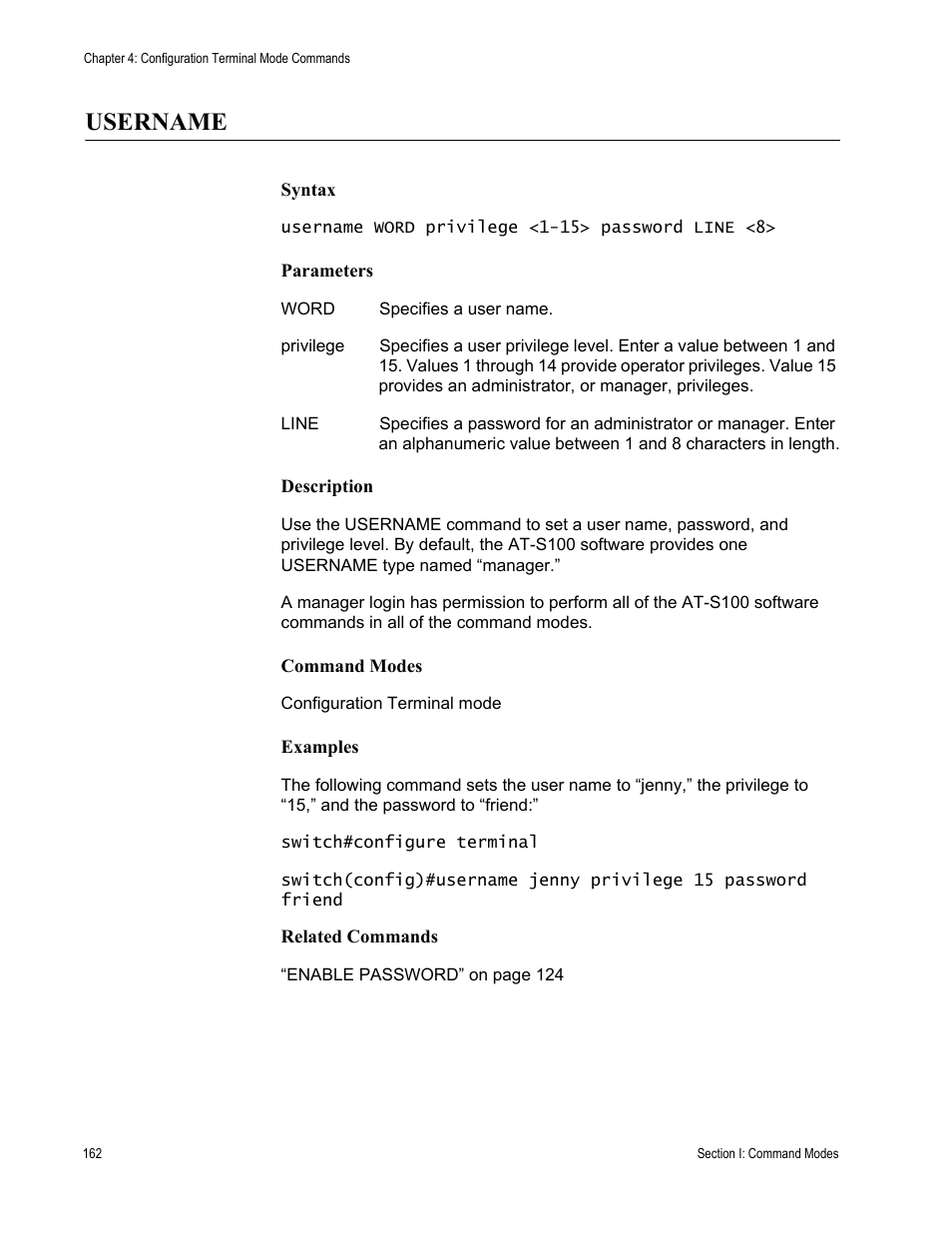 Username | Allied Telesis AT-S100 User Manual | Page 162 / 274