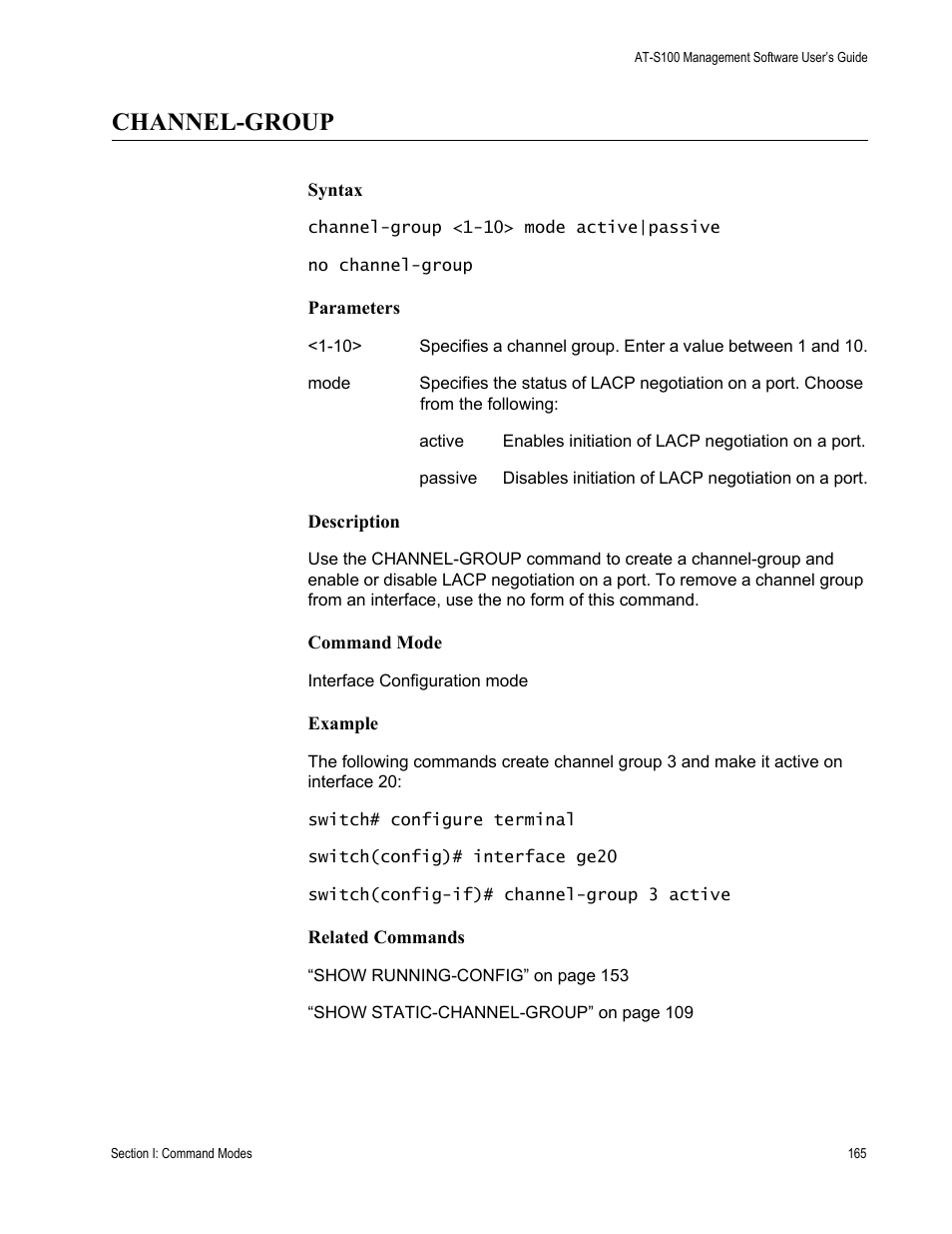 Channel-group | Allied Telesis AT-S100 User Manual | Page 165 / 274