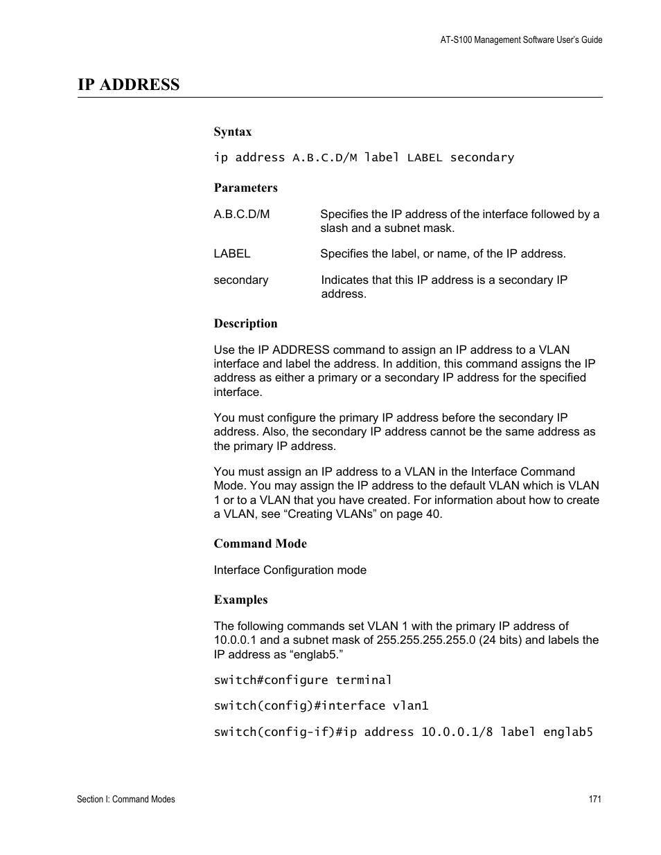 Ip address | Allied Telesis AT-S100 User Manual | Page 171 / 274