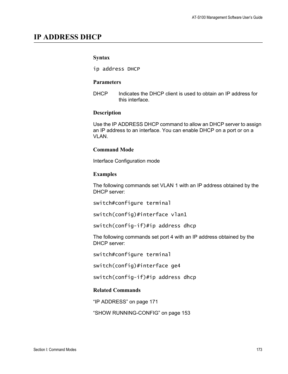 Ip address dhcp | Allied Telesis AT-S100 User Manual | Page 173 / 274