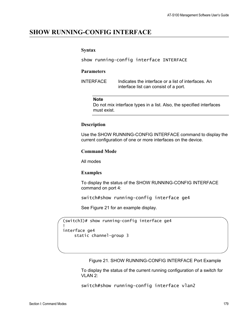 Show running-config interface | Allied Telesis AT-S100 User Manual | Page 179 / 274