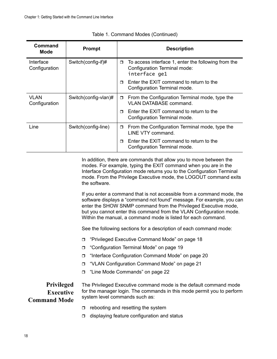 Privileged executive command mode | Allied Telesis AT-S100 User Manual | Page 18 / 274