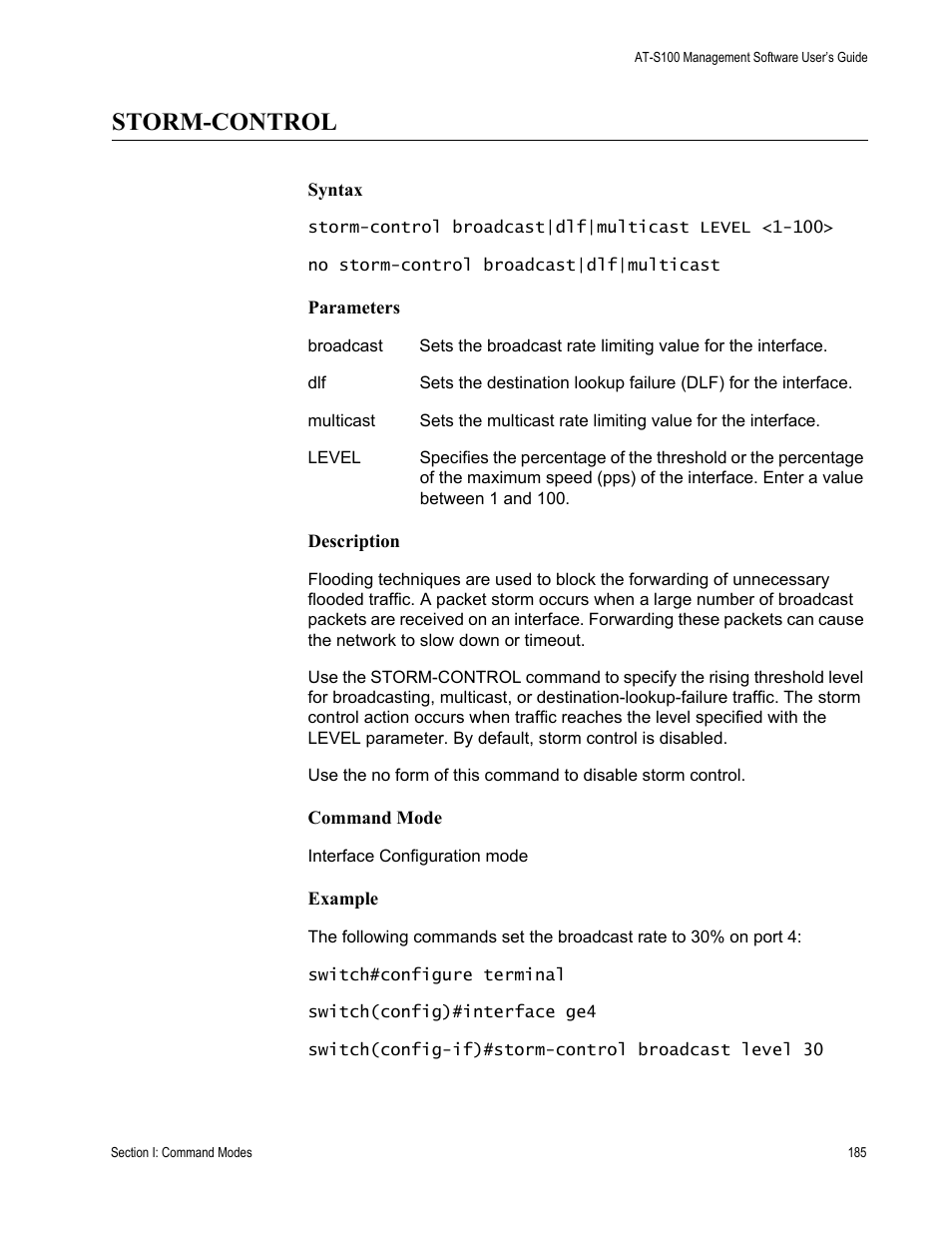 Storm-control | Allied Telesis AT-S100 User Manual | Page 185 / 274