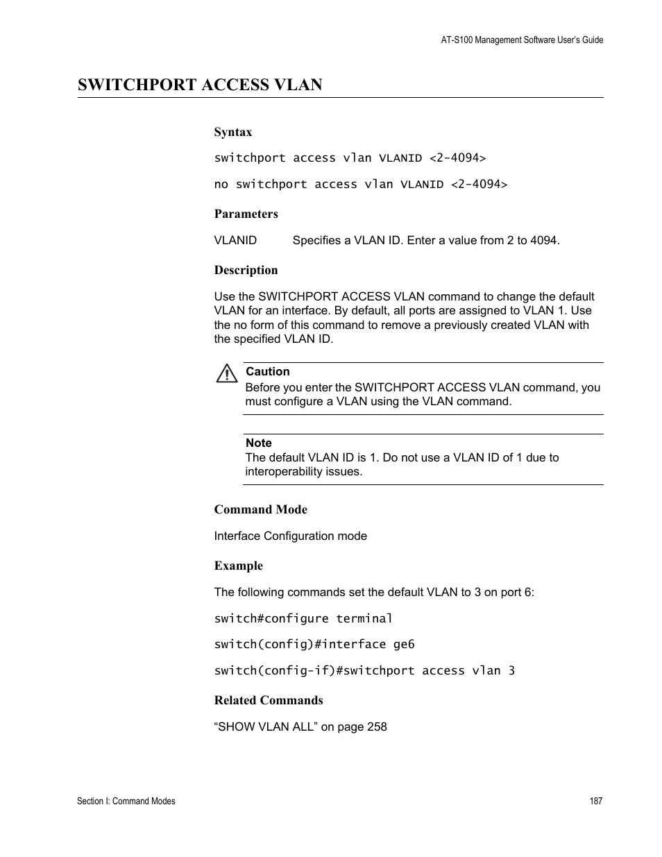 Switchport access vlan | Allied Telesis AT-S100 User Manual | Page 187 / 274