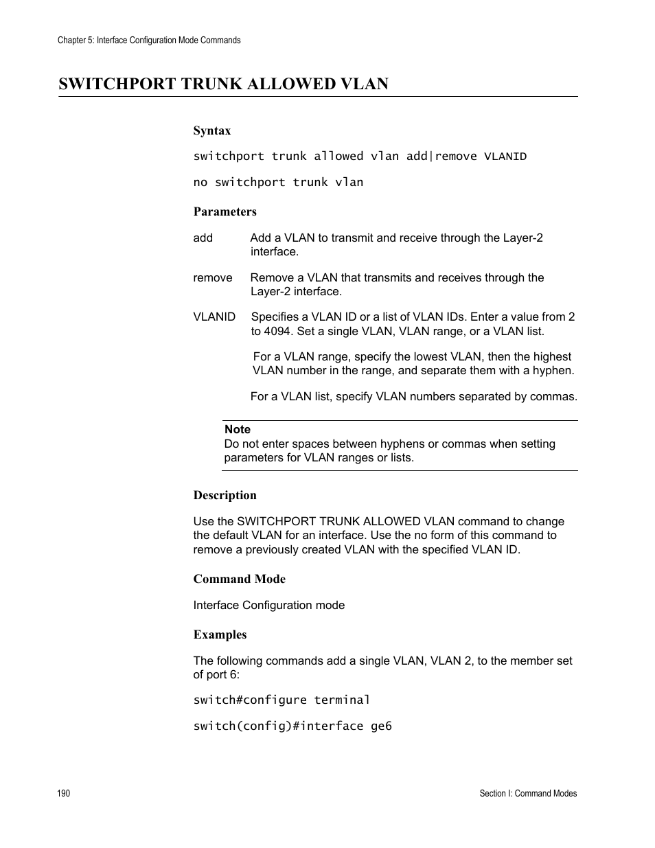 Switchport trunk allowed vlan | Allied Telesis AT-S100 User Manual | Page 190 / 274
