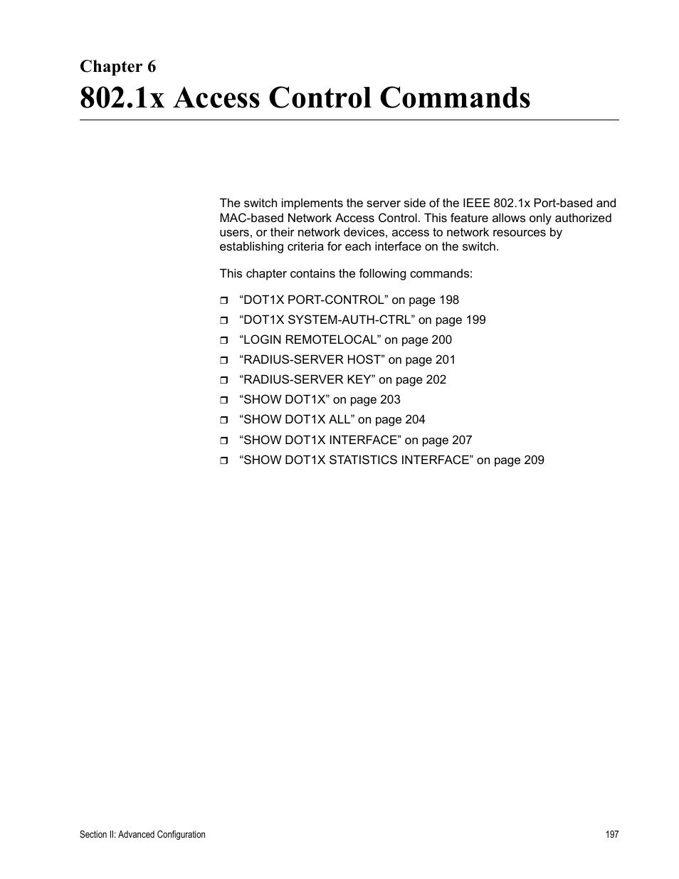 Chapter 6, 1x access control commands, R 6: 802.1x access control commands | Allied Telesis AT-S100 User Manual | Page 197 / 274