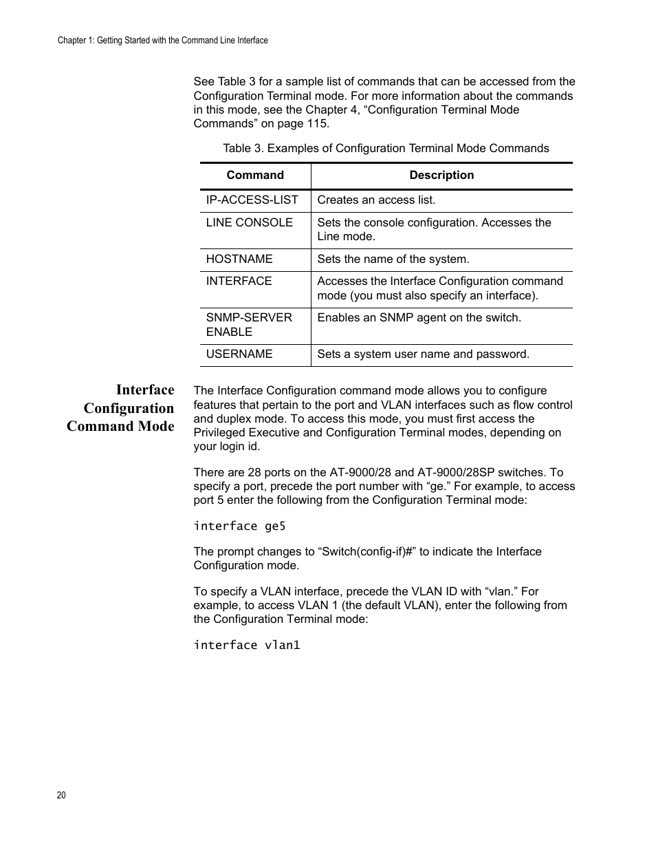 Interface configuration command mode | Allied Telesis AT-S100 User Manual | Page 20 / 274