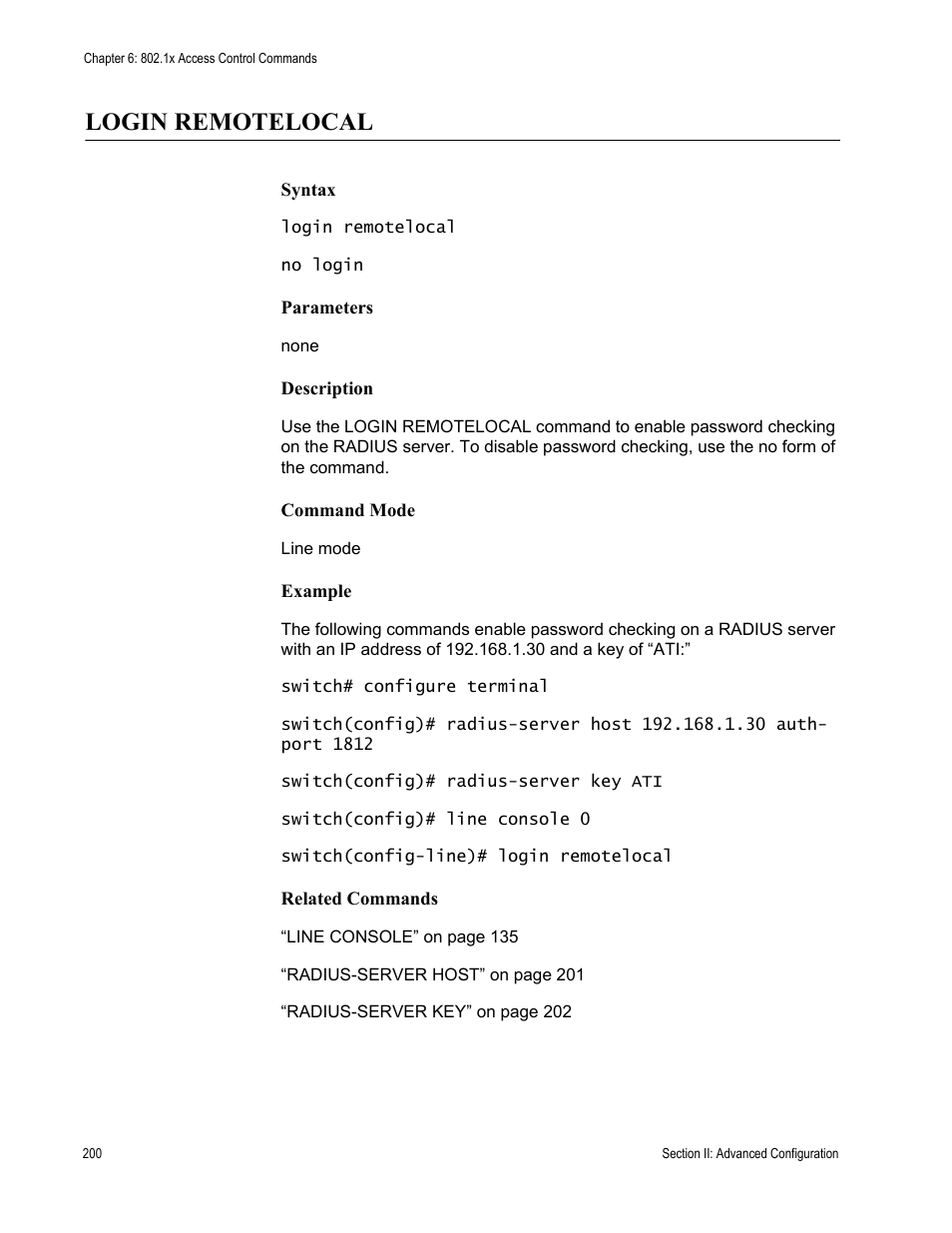 Login remotelocal | Allied Telesis AT-S100 User Manual | Page 200 / 274