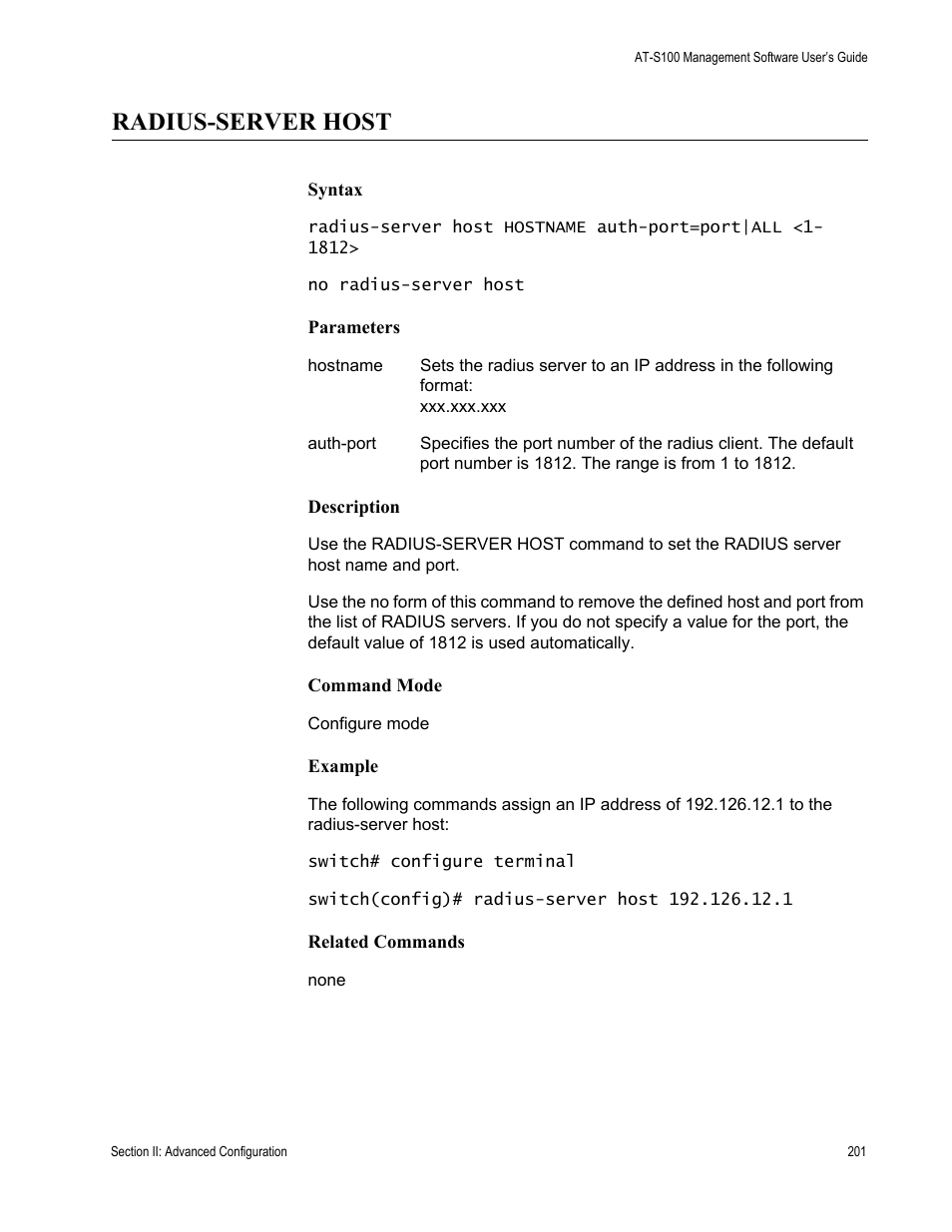 Radius-server host | Allied Telesis AT-S100 User Manual | Page 201 / 274