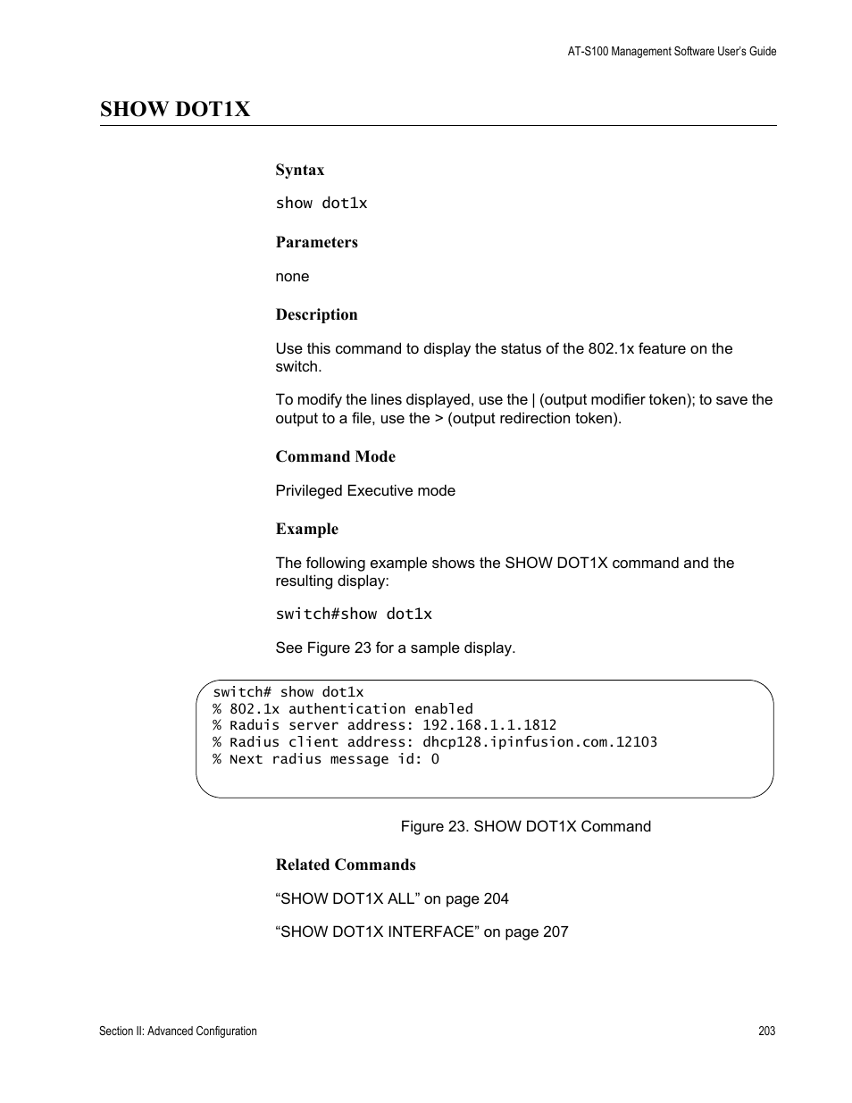 Show dot1x, Figure 23: show dot1x command | Allied Telesis AT-S100 User Manual | Page 203 / 274