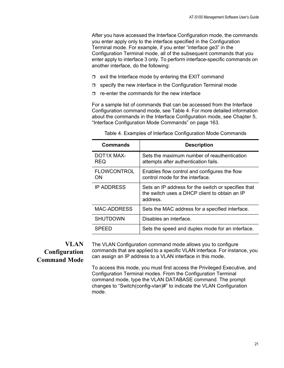 Vlan configuration command mode | Allied Telesis AT-S100 User Manual | Page 21 / 274