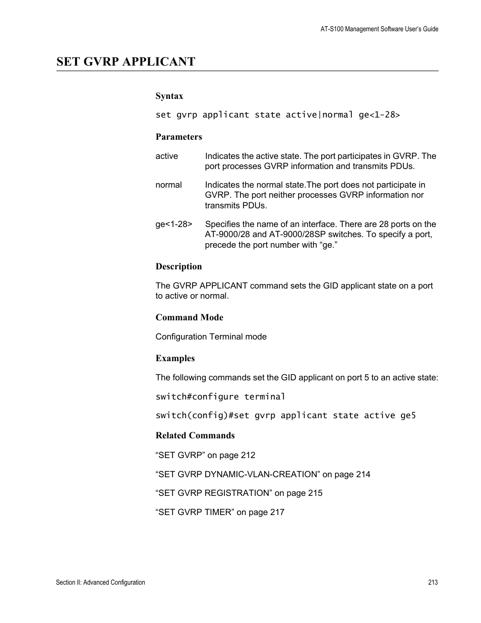 Set gvrp applicant | Allied Telesis AT-S100 User Manual | Page 213 / 274