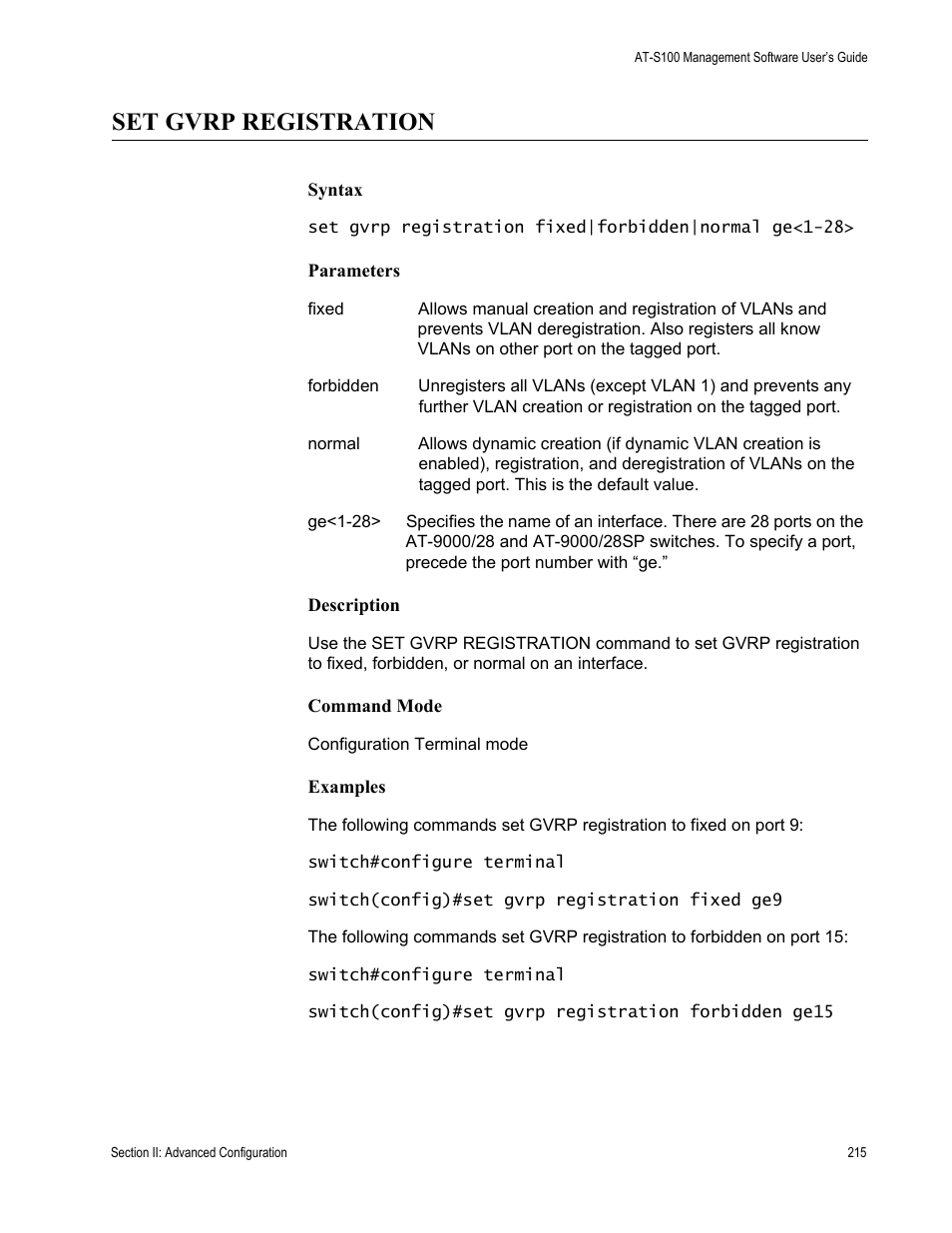 Set gvrp registration | Allied Telesis AT-S100 User Manual | Page 215 / 274