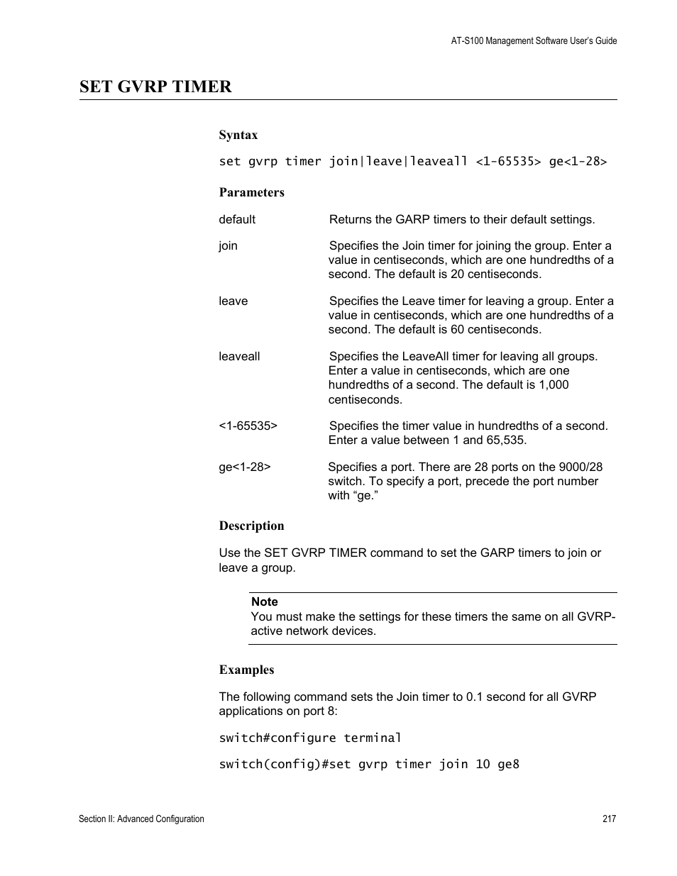 Set gvrp timer | Allied Telesis AT-S100 User Manual | Page 217 / 274