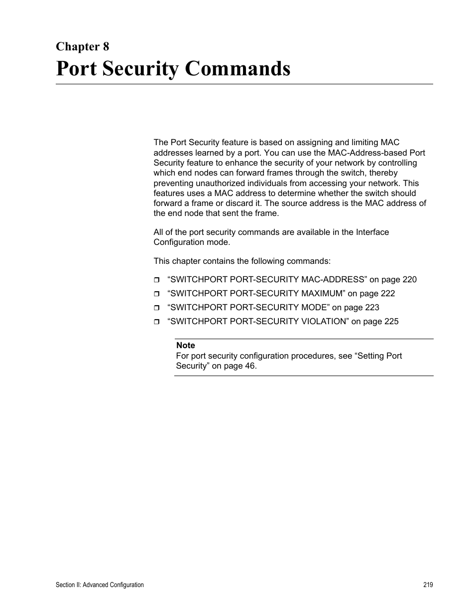 Chapter 8, Port security commands, Chapter 8: port security commands | Allied Telesis AT-S100 User Manual | Page 219 / 274