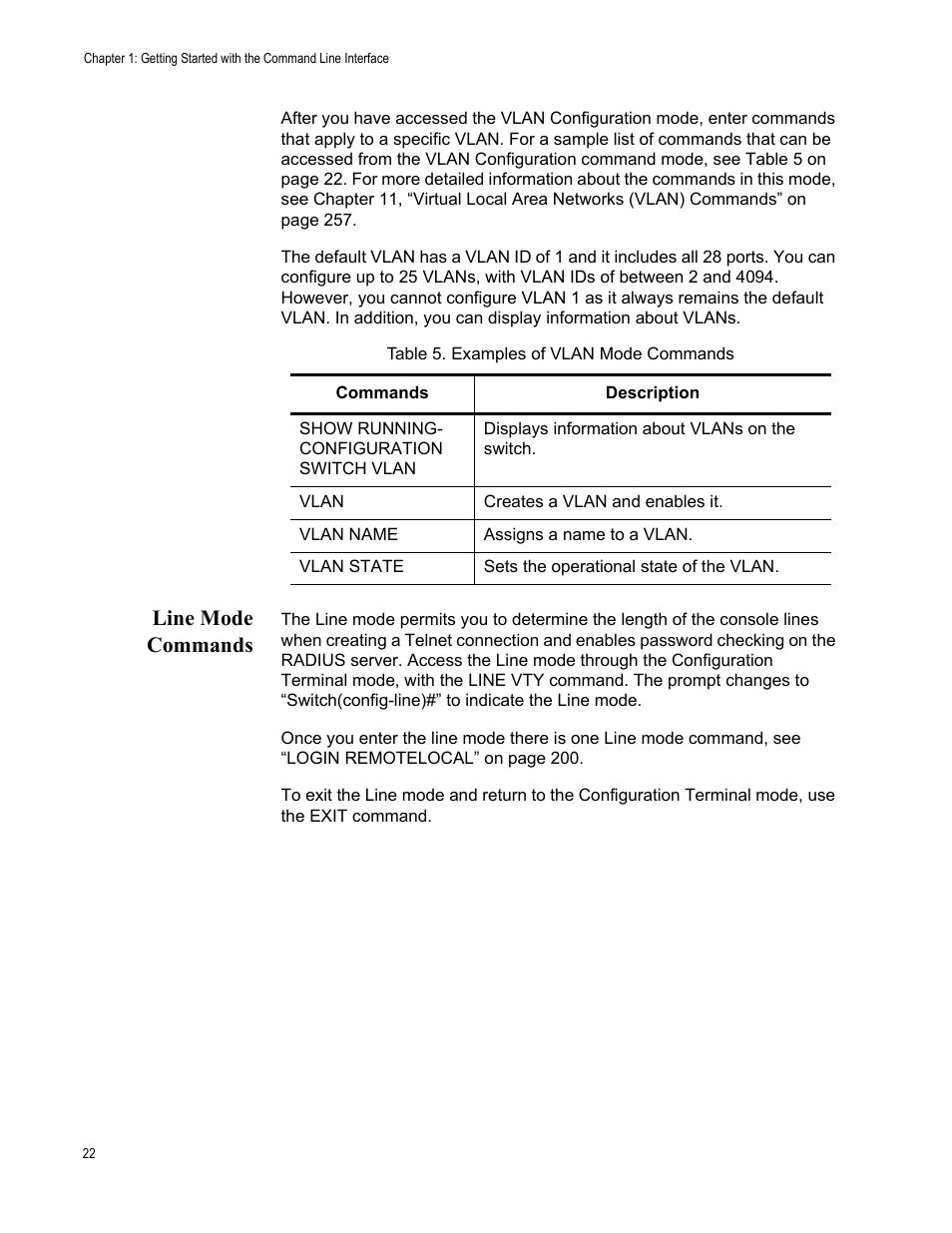 Line mode commands, Table 5: examples of vlan mode commands | Allied Telesis AT-S100 User Manual | Page 22 / 274