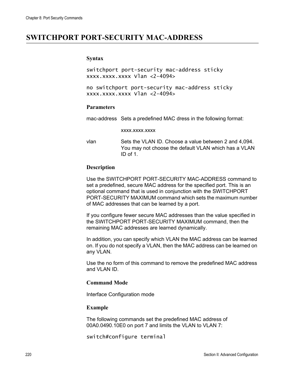 Switchport port-security mac-address | Allied Telesis AT-S100 User Manual | Page 220 / 274