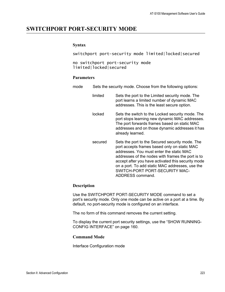 Switchport port-security mode | Allied Telesis AT-S100 User Manual | Page 223 / 274