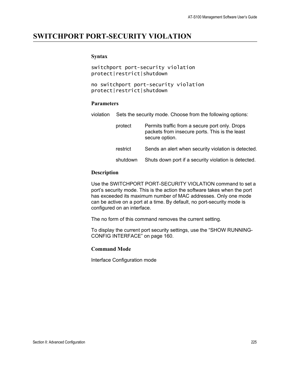 Switchport port-security violation | Allied Telesis AT-S100 User Manual | Page 225 / 274
